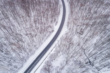 Luftaufnahme einer leeren Straße inmitten des Waldes im Winter in Estland. - AAEF02464