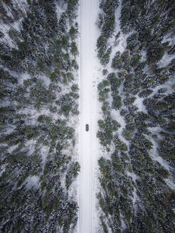 Luftaufnahme eines Autos auf einer verschneiten Straße inmitten eines Waldes in Estland. - AAEF02485