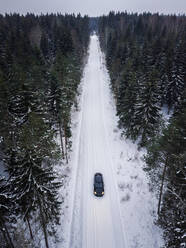 Luftaufnahme eines Autos auf einer verschneiten Straße inmitten eines Waldes in Estland. - AAEF02486