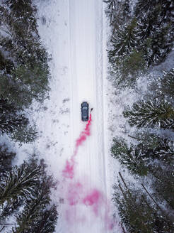 Luftaufnahme eines Mannes, der eine rosafarbene Rauchgranate auf einer verschneiten Straße im Wald in Estland zündet. - AAEF02492