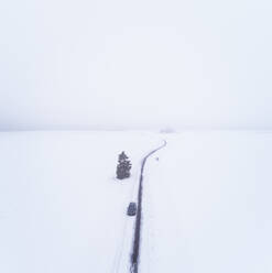 Aerial view of a car driving on a snowy road in the blizzard on Vormsi island, Estonia. - AAEF02517