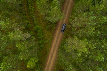 Luftaufnahme einer Straße, die durch einen Wald in Estland führt. - AAEF02614