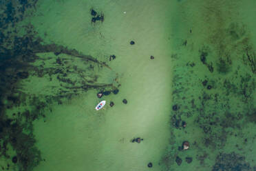 Luftaufnahme von zwei Personen, die in einem kleinen Holzboot inmitten der grünen Ostsee in Estland fischen. - AAEF02695
