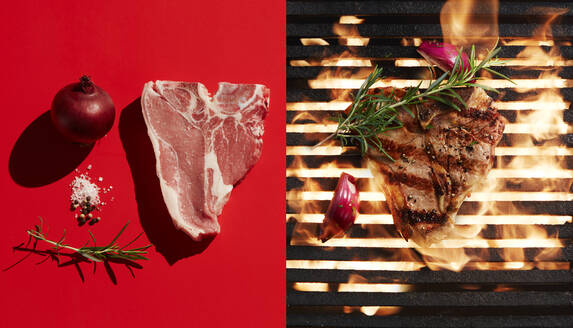 Direkt über der Aufnahme eines Steaks beim Grillen mit Zutaten auf rotem Hintergrund - KSWF02085