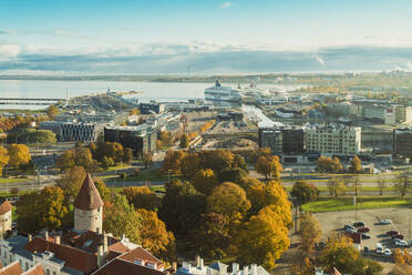 Ansicht des Hafens von Tallinn mit der alten Stadtmauer und dem Rotermann-Viertel, Tallinn, Estland - TAMF02113