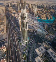 Aerial view of skyscrapers and Burj Burj Khalifa's fountain in downtown Dubai, United Arab Emirates. - AAEF02810