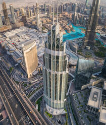 Aerial view of skyscrapers close by the Burj Khalifa tower and fountain in downtown Dubai, United Arab Emirates. - AAEF02811