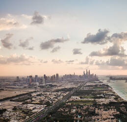 Aerial view of the skyscrapers from the suburb of Dubai, U.A.E. - AAEF02880