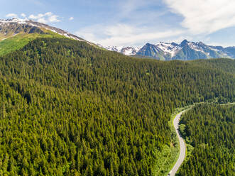 Luftaufnahme einer Straße durch einen natürlichen Wald in der Nähe von Seward, Alaska. - AAEF02921
