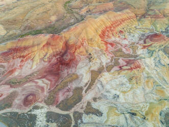 Aerial view above of Painted Hills rock formation, Oregon, U.S.A. - AAEF02927