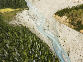 Luftaufnahme eines blauen Nebenflusses vom Bow Lake in Alberta, Kanada. - AAEF02998