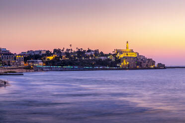 View of ancient Arabic seaport of Jaffa at dusk, Tel Aviv, Israel, Middle East - RHPLF00505