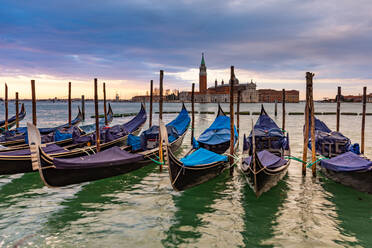 Gondolas moored in Piazza San Marco with San Giorgio Maggiore church in the background, Venice, UNESCO World Heritage Site, Veneto, Italy, Europe - RHPLF00648