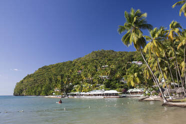 Das Karibische Meer vor LaBas Beach, Kokospalmen am Wasser, Marigot Bay, Castries, St. Lucia, Inseln über dem Winde, Kleine Antillen, Westindische Inseln, Karibik, Mittelamerika - RHPLF00778