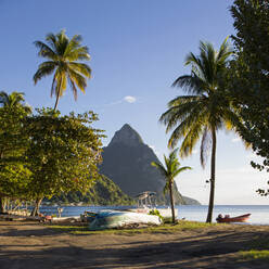 View from palm-fringed beach across Soufriere Bay to Petit Piton, evening, Soufriere, St. Lucia, Windward Islands, Lesser Antilles, West Indies, Caribbean, Central America - RHPLF00786