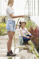 Zwei junge Frauen bei der Pflege und Bewässerung von Blumen mit einem Schlauch im Gewächshaus - JSRF00524