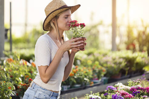 Schöne junge Frau riecht an einer Blume im Gewächshaus - JSRF00547