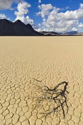 Die Tribüne im Racetrack Valley, einem ausgetrockneten Seebett, das für seine rutschenden Felsen an der Racetrack Playa bekannt ist, Death Valley National Park, Kalifornien, Vereinigte Staaten von Amerika, Nordamerika - RHPLF00856