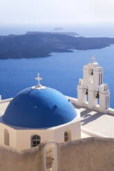 Bell Tower of Orthodox Church overlooking the Caldera in Fira, Santorini (Thira), Cyclades Islands, Aegean Sea, Greek Islands, Greece, Europe - RHPLF00899