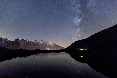 Camping under the stars at Lac des Cheserys, Mont Blanc in centre, Europe's highest peak, Chamonix, Haute Savoie, French Alps, France, Europe - RHPLF00983