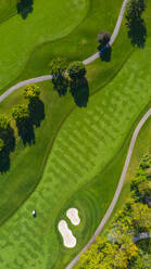 Luftaufnahme eines Golfplatzes mit Fairway und Sandfängen im Herbst, die eine abstrakt wirkende Perspektive auf dem Arrowhead Golf Course in Wheaton, IL, schaffen - AAEF03389