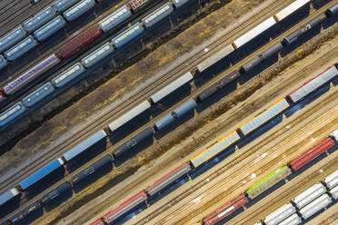 Aerial view of rail cars waiting at a staging railyard station in Aurora, IL - USA - AAEF03405