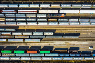 Aerial view of rail cars waiting at a staging railyard station in Aurora, IL - USA - AAEF03407