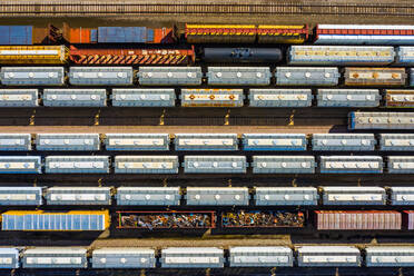 Aerial view of rail cars waiting at a staging railyard station in Aurora, IL - USA - AAEF03411