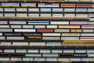 Aerial view of rail cars waiting at a staging railyard station in Aurora, IL - USA - AAEF03414