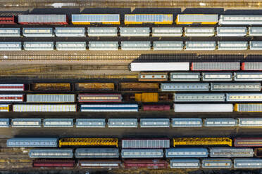 Aerial view of rail cars waiting at a staging railyard station in Aurora, IL - USA - AAEF03415