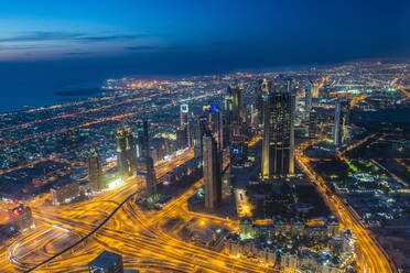 View over Dubai from Burj Khalifa at night, Dubai, United Arab Emirates, Middle East - RHPLF01100