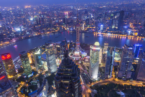 View over Pudong financial district at night, Shanghai, China, Asia - RHPLF01146