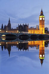 Big Ben and the Houses of Parliament, UNESCO World Heritage Site, and Westminster Bridge reflected in the River Thames, London, England, United Kingdom, Europe - RHPLF01154