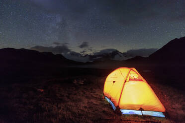 A tent under the stars around Fenetre Lakes, Ferret Valley, Saint Rhemy, Grand St Bernard, Aosta Valley, Italy, Europe - RHPLF01189