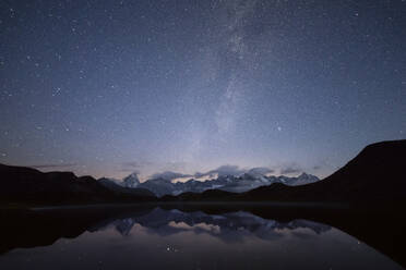 Starry summer sky on Fenetre Lakes and the high peaks, Ferret Valley, Saint Rhemy, Grand St Bernard, Aosta Valley, Italy, Europe - RHPLF01190