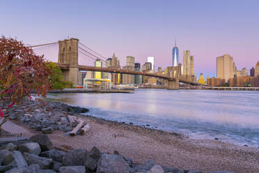 Brooklyn Bridge over East River, Lower Manhattan skyline, including Freedom Tower of World Trade Center, New York, United States of America, North America - RHPLF01321