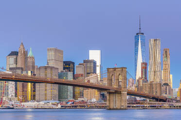 Manhattan skyline and Brooklyn Bridge across East River, New York, United States of America, North America - RHPLF01322