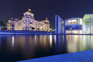 Lightshow about German history, Reichstag Parliament Building and Paul Loebe Haus Building, Berlin Mitte, Berlin, Germany, Europe - RHPLF01369