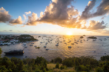 Sonnenuntergang über den Luxusyachten im Hafen von Gustavia, St. Barth (Saint Barthelemy), Kleine Antillen, Westindische Inseln, Karibik, Mittelamerika - RHPLF01442