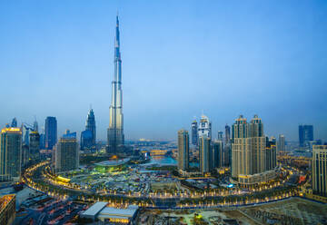 Burj Khalifa and Downtown Dubai at dusk, Dubai, United Arab Emirates, Middle East - RHPLF01470