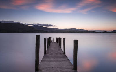Ferry landing stage on Derwent Water at sunset near Ashness Bridge in Borrowdale, in the Lake District National Park, UNESCO World Heritage Site, Cumbria, England, United Kingdom, Europe - RHPLF01514