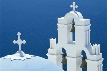 Blue-domed church and belltower, Firostnhani, Santorini, Greece - RHPLF01520