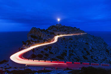 Car light trails, Cap Formentor lighthouse, Majorca, Balearic Islands, Spain, Mediterranean, Europe - RHPLF01564