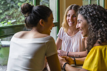 Three happy young women meeting in a cafe - MGIF00656