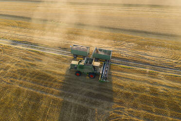 Luftaufnahme eines Mähdreschers auf einem landwirtschaftlichen Feld bei Sonnenuntergang - AMF07273