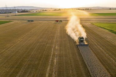 Luftaufnahme eines Mähdreschers auf einem landwirtschaftlichen Feld gegen den Himmel bei Sonnenuntergang - AMF07284