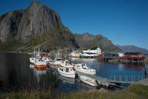 Blick auf den Hafen von Hamnoya, Lofoten-Inseln, Nordland, Norwegen, Skandinavien, Europa - RHPLF01741