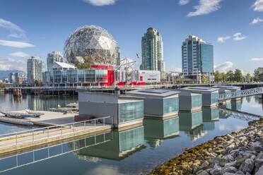 View of False Creek and Vancouver skyline, including World of Science Dome, Vancouver, British Columbia, Canada, North America - RHPLF02190