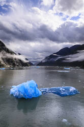 Spektakulärer Tracy Arm Fjord, leuchtend blaue Eisberge und im Hintergrund lichtender Nebel, Berge und South Sawyer Glacier, Alaska, Vereinigte Staaten von Amerika, Nordamerika - RHPLF02227
