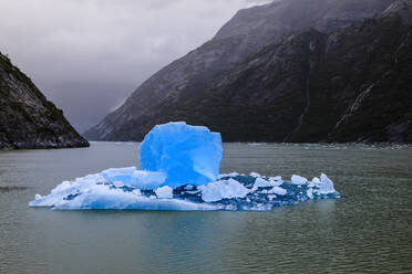 Spektakulärer Eisberg, mit atemberaubendem blauem Würfel, Tracy Arm Fjord, neblige Bedingungen, in der Nähe des South Sawyer Glacier, Alaska, Vereinigte Staaten von Amerika, Nord Amerika - RHPLF02232